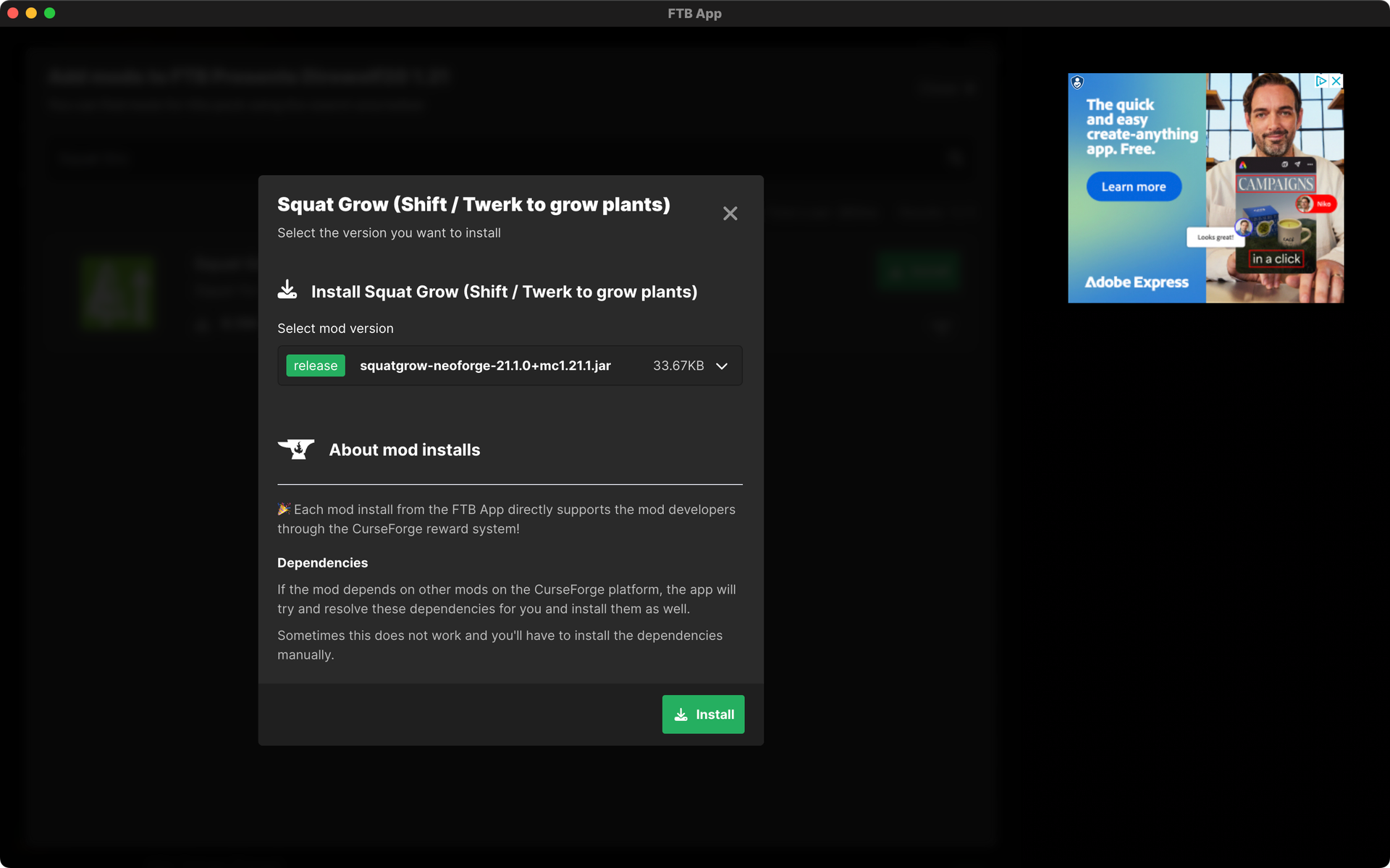 The FTB App's Mods install modal